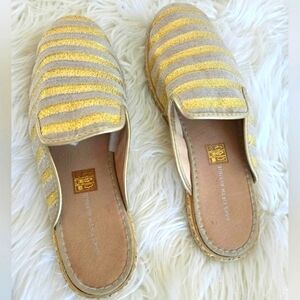 SAKS FIFTH AVENUE Gold Silver Glitter Espadrilles Flat Mules Size 38or sz8 🌴